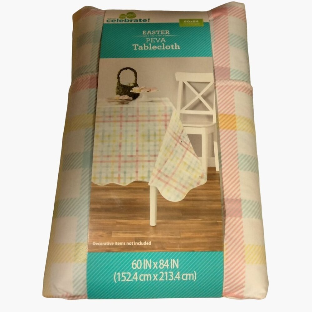 Way To Celebrate Vinyl Tablecloth Floral Blue White Plaid 60 x 84 Inch Peva